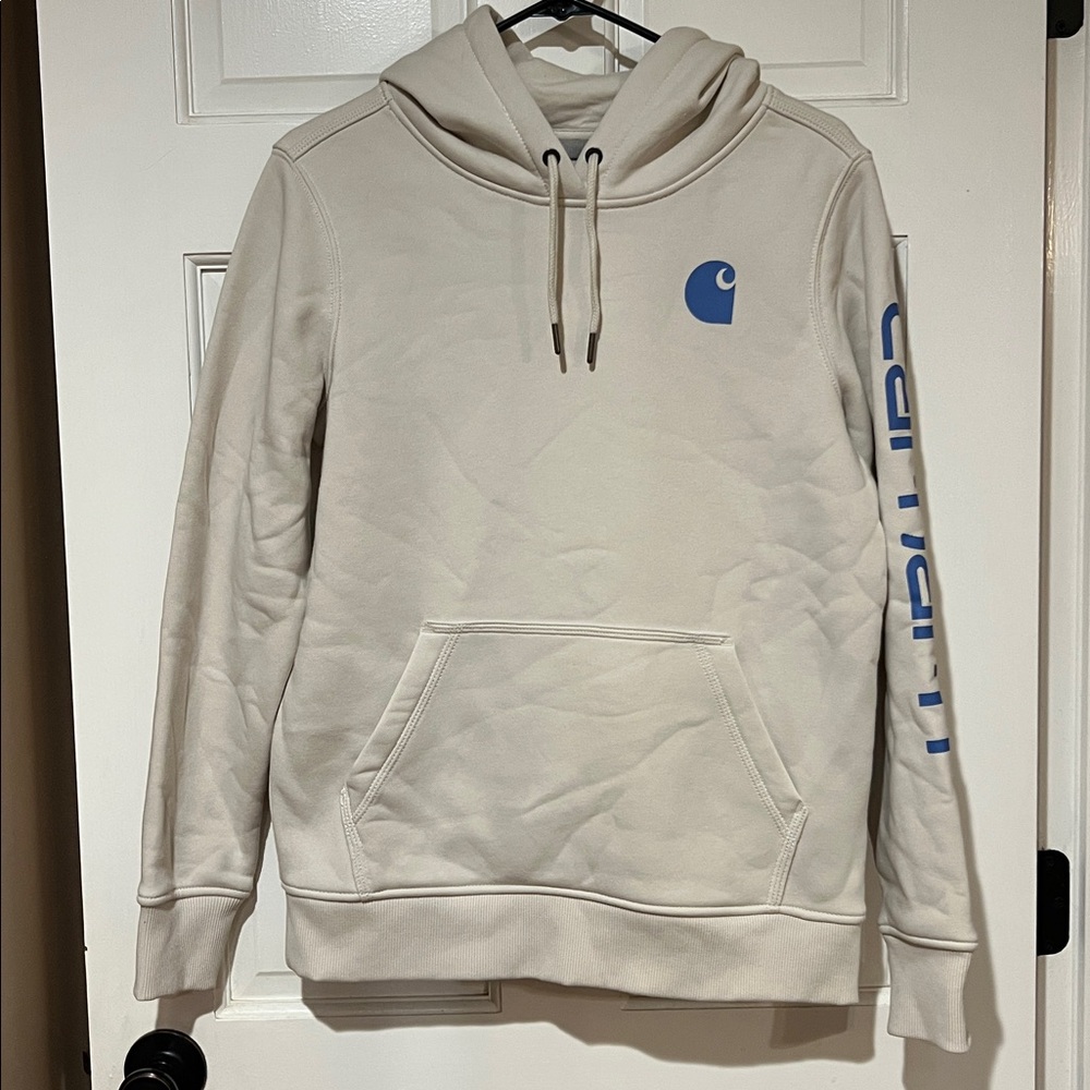 Carhartt Women’s Relaxed Fit Hoodie – Cream/Beige with Blue Logo (Size S)